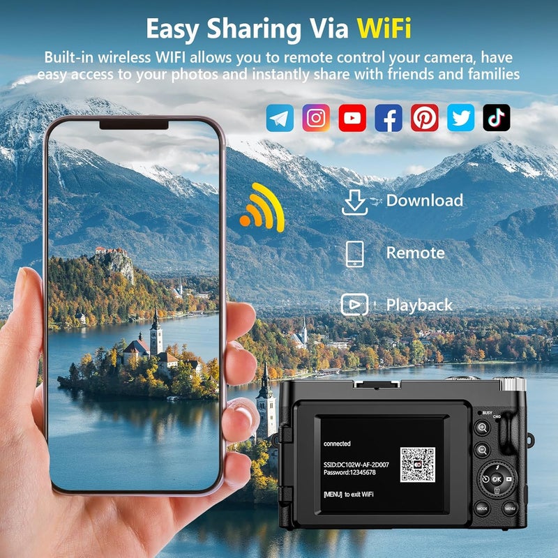TEFTYMON 4K Digital Camera for Photography Autofocus, Upgraded 64MP WiFi Vlogging Camera for YouTube with 3" 180° Flip Screen, 16X Zoom, Compact Travel Cameras for Beginners with 32GB Card, 2 Batteries, Black - Image 4
